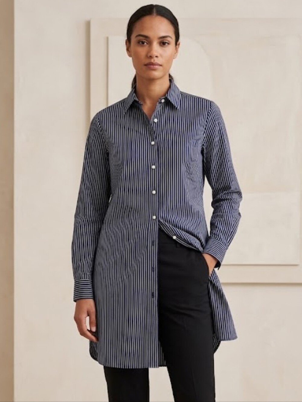 Brooks Brothers 346 Denim  Shirt Dress Staple 4 Navy and White Pin Stripe Fitted